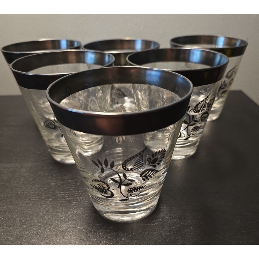 6 Georges Briard Silver Damask Old Fashioned Tumbler Tapered Glasses Bourbon